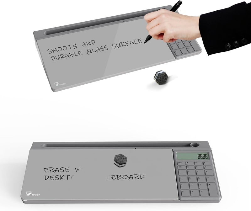 TOWON Desktop Glass Whiteboard with Basic Calculator, 12 Digit LCD Display, Desk Organizers with Accessories for Office, Home, School Supplies, Storage with Dry Erase Board Surface, Gray, 18'' x 6'' - Image 5